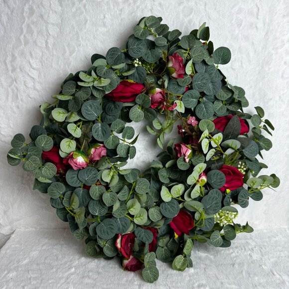Artificial Eucalyptus & Rose Wreath 13" greenery decor - Picture 1 of 4